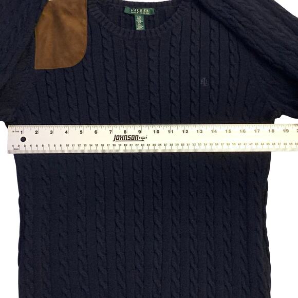 Lauren Ralph Lauren Womens Sweater Large Navy Cable Knit Brown Suede-Like Patch - Picture 6 of 11